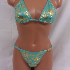 Sauvage Gold Foil Print Teal String Thong Bikini S